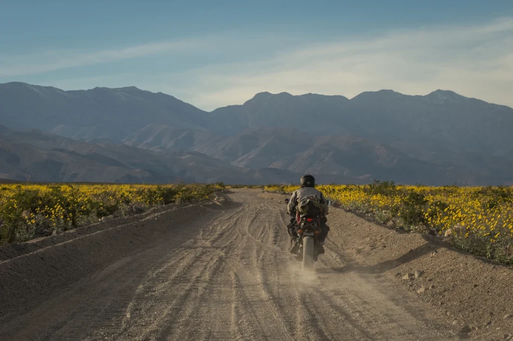 Street-legal dual-sport motorcycles have hundreds of miles to explore in Death Valley - when it's cool.